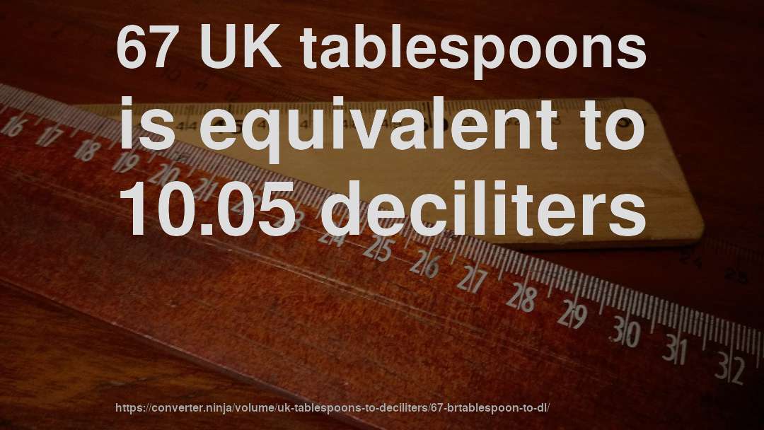 67 UK tablespoons is equivalent to 10.05 deciliters