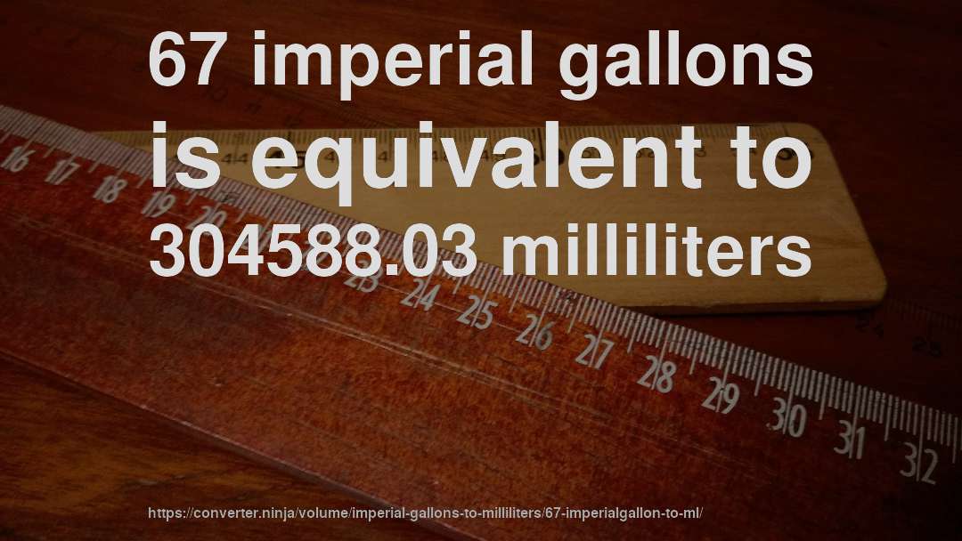 67 imperial gallons is equivalent to 304588.03 milliliters