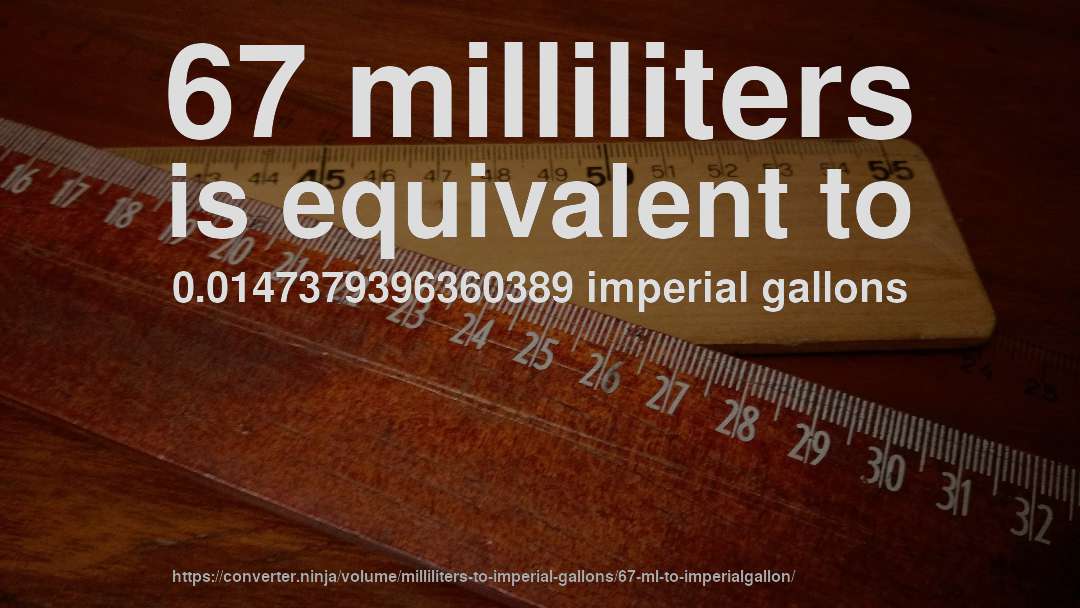 67 milliliters is equivalent to 0.0147379396360389 imperial gallons