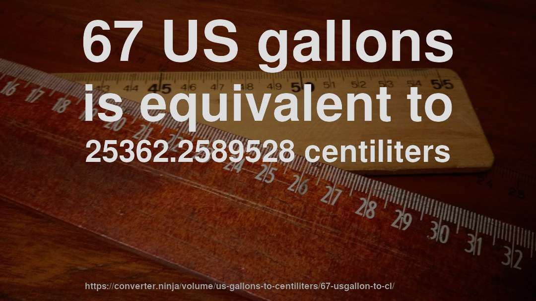 67 US gallons is equivalent to 25362.2589528 centiliters