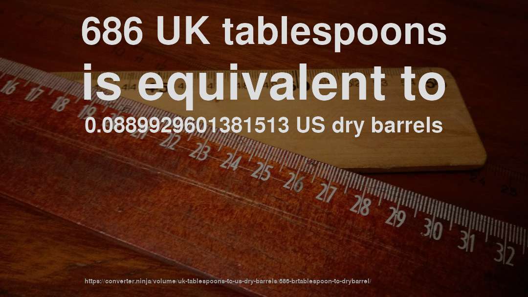 686 UK tablespoons is equivalent to 0.0889929601381513 US dry barrels