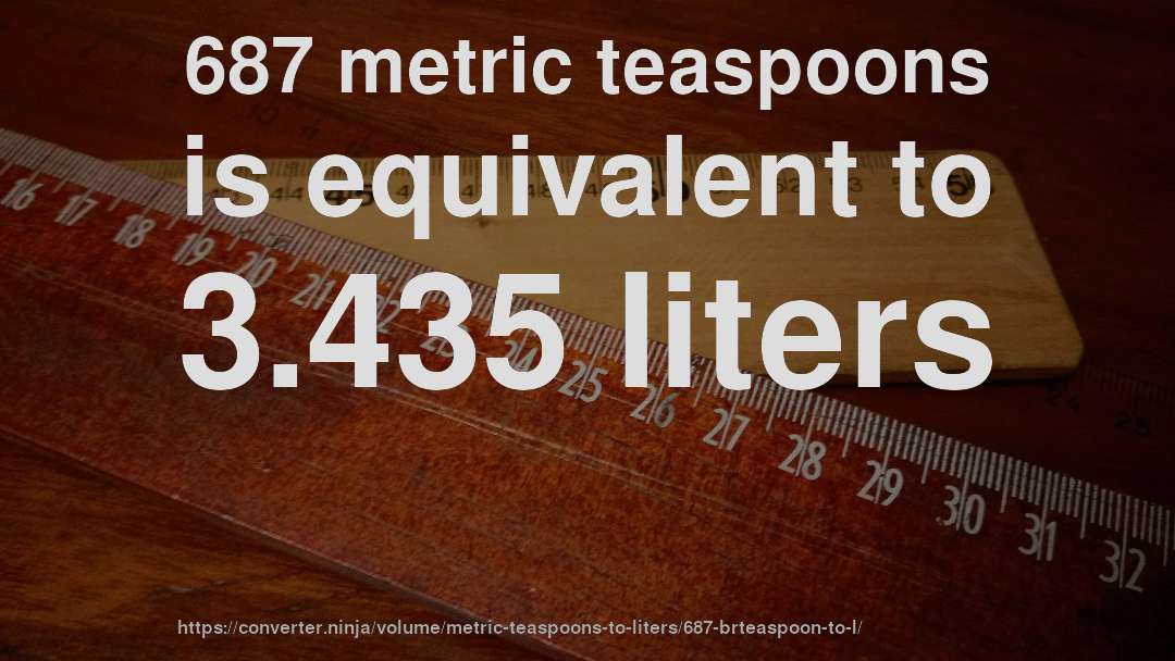 687 metric teaspoons is equivalent to 3.435 liters