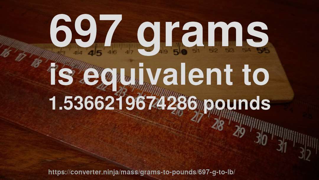 697 grams is equivalent to 1.5366219674286 pounds