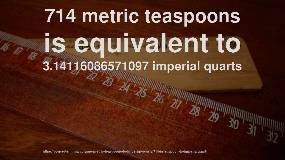 714 metric teaspoons is equivalent to 3.14116086571097 imperial quarts