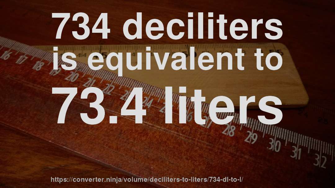 734 deciliters is equivalent to 73.4 liters