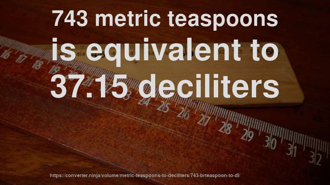 743 metric teaspoons is equivalent to 37.15 deciliters