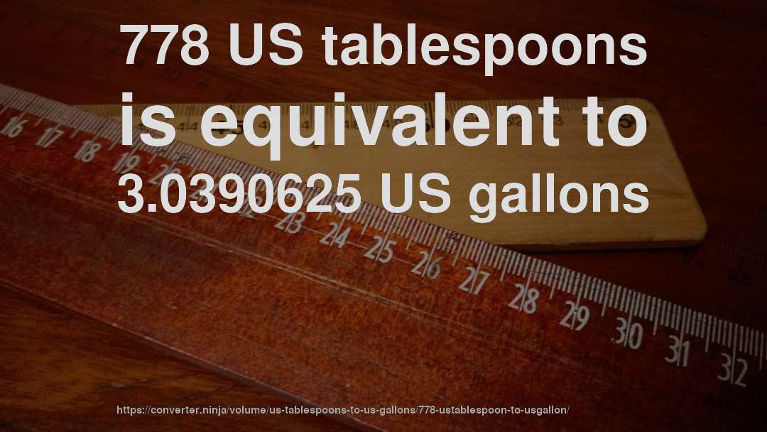 778 US tablespoons is equivalent to 3.0390625 US gallons