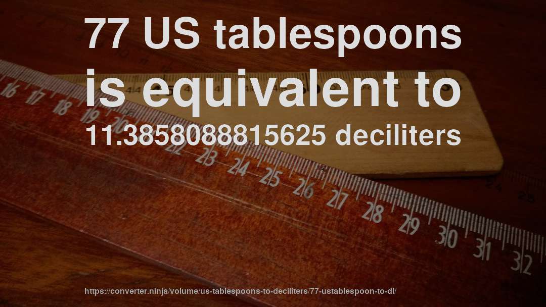 77 US tablespoons is equivalent to 11.3858088815625 deciliters
