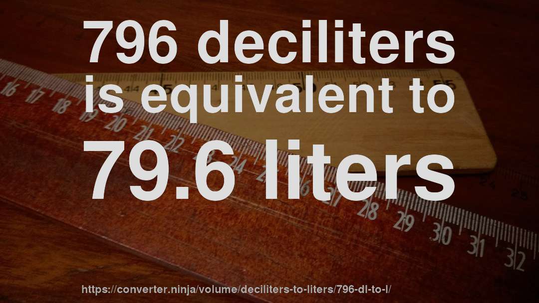 796 deciliters is equivalent to 79.6 liters
