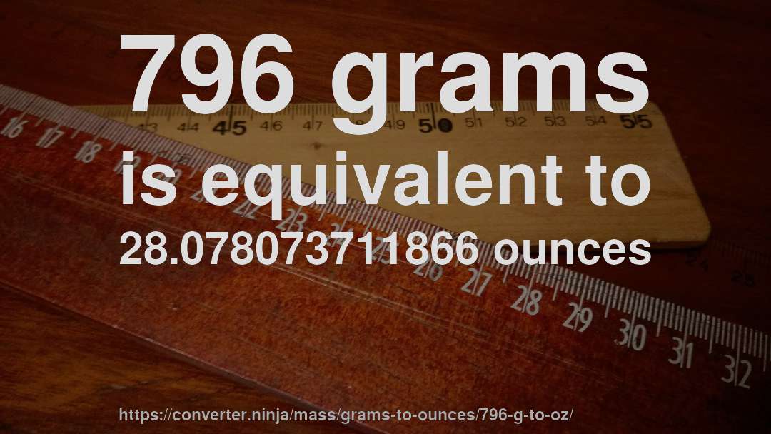 796 grams is equivalent to 28.078073711866 ounces