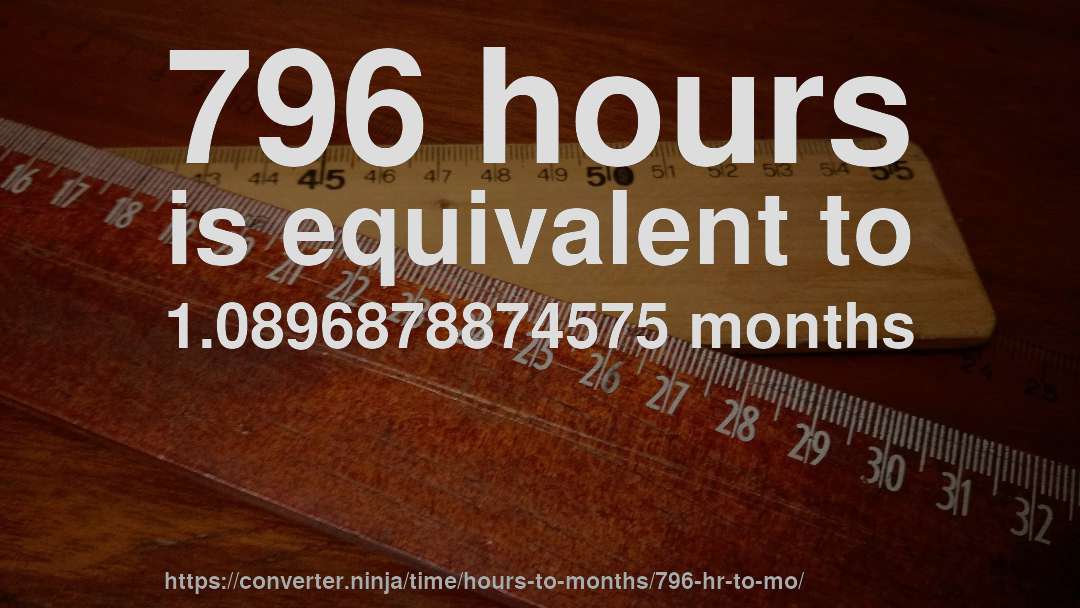 796 hours is equivalent to 1.0896878874575 months