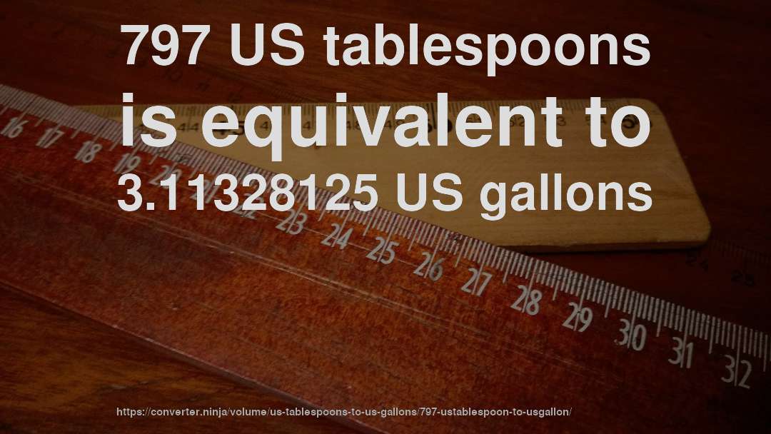 797 US tablespoons is equivalent to 3.11328125 US gallons