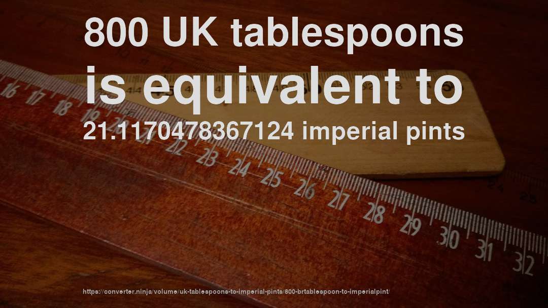 800 UK tablespoons is equivalent to 21.1170478367124 imperial pints
