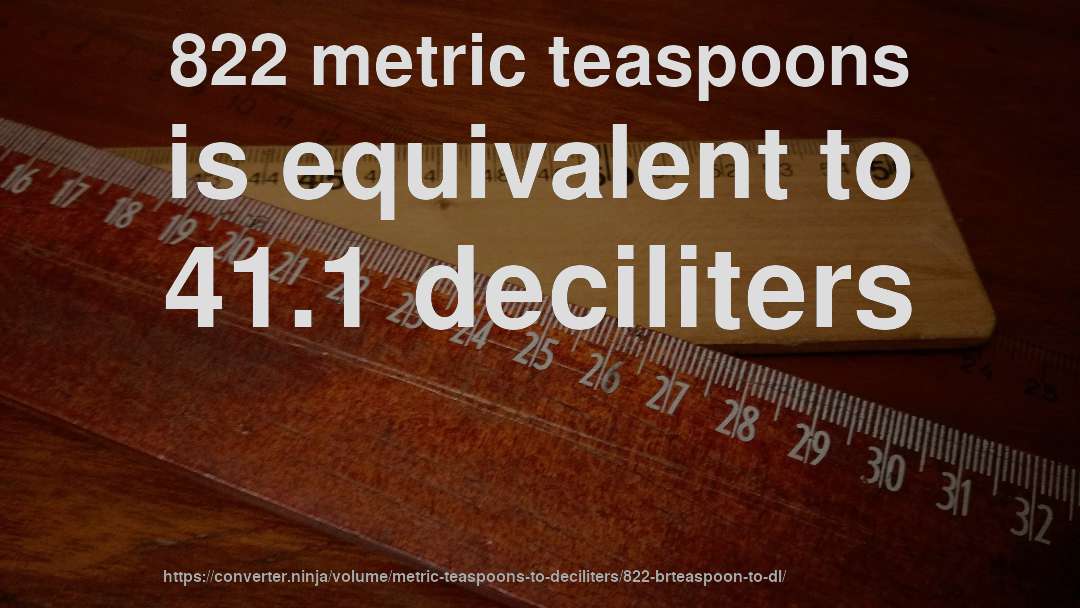 822 metric teaspoons is equivalent to 41.1 deciliters