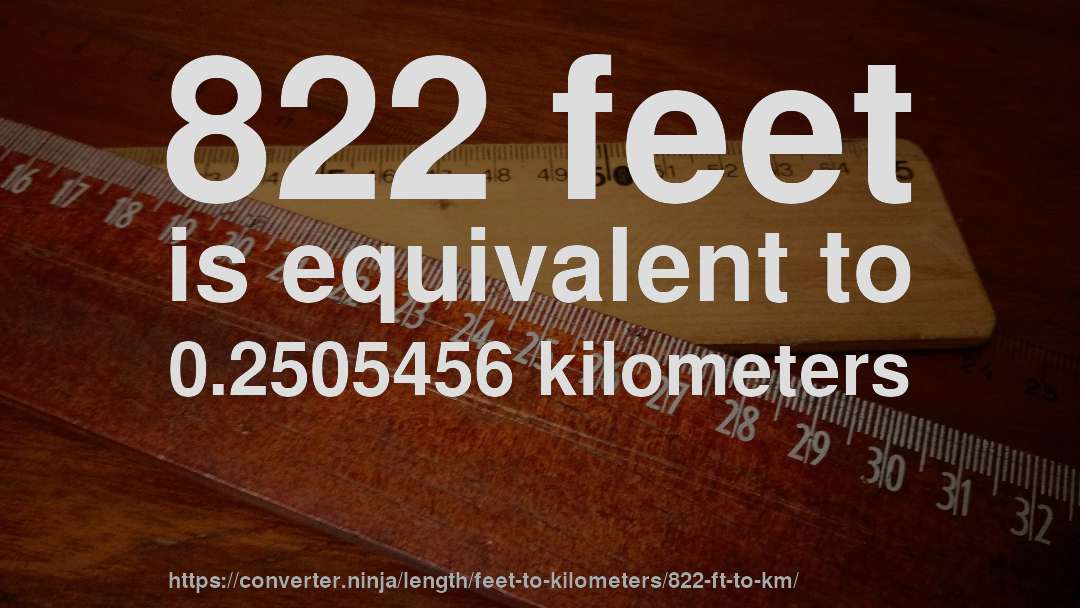 822 feet is equivalent to 0.2505456 kilometers