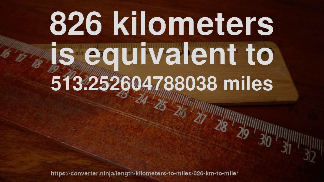 826 kilometers is equivalent to 513.252604788038 miles