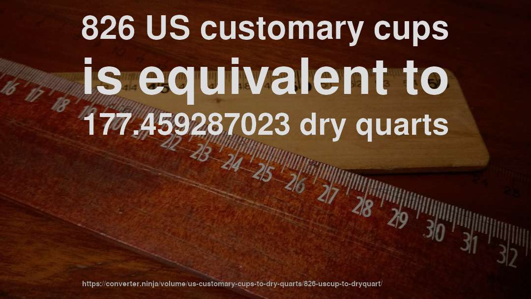 826 US customary cups is equivalent to 177.459287023 dry quarts