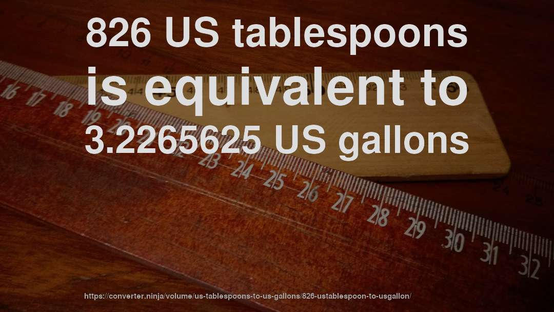 826 US tablespoons is equivalent to 3.2265625 US gallons