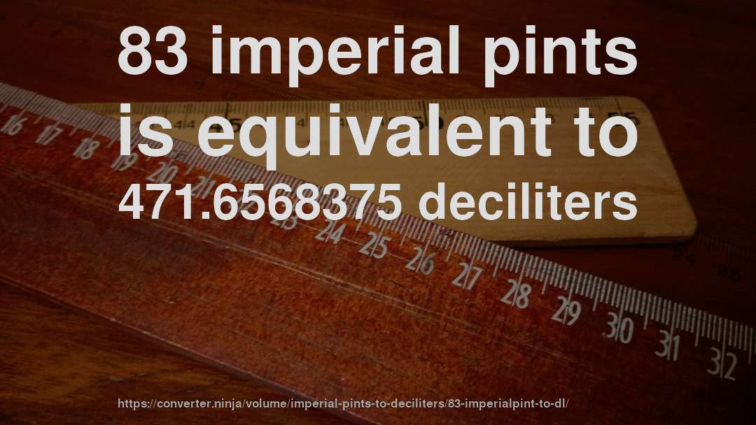 83 imperial pints is equivalent to 471.6568375 deciliters