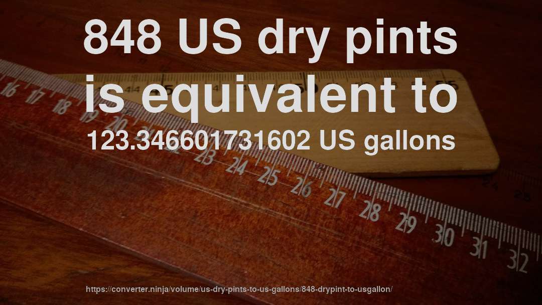 848 US dry pints is equivalent to 123.346601731602 US gallons