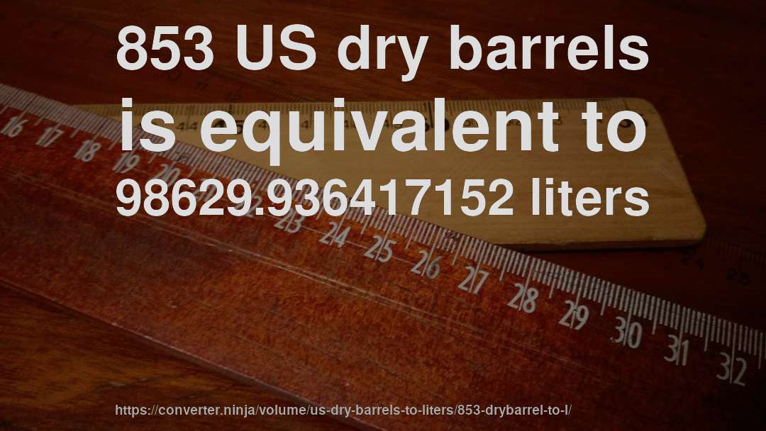 853 US dry barrels is equivalent to 98629.936417152 liters
