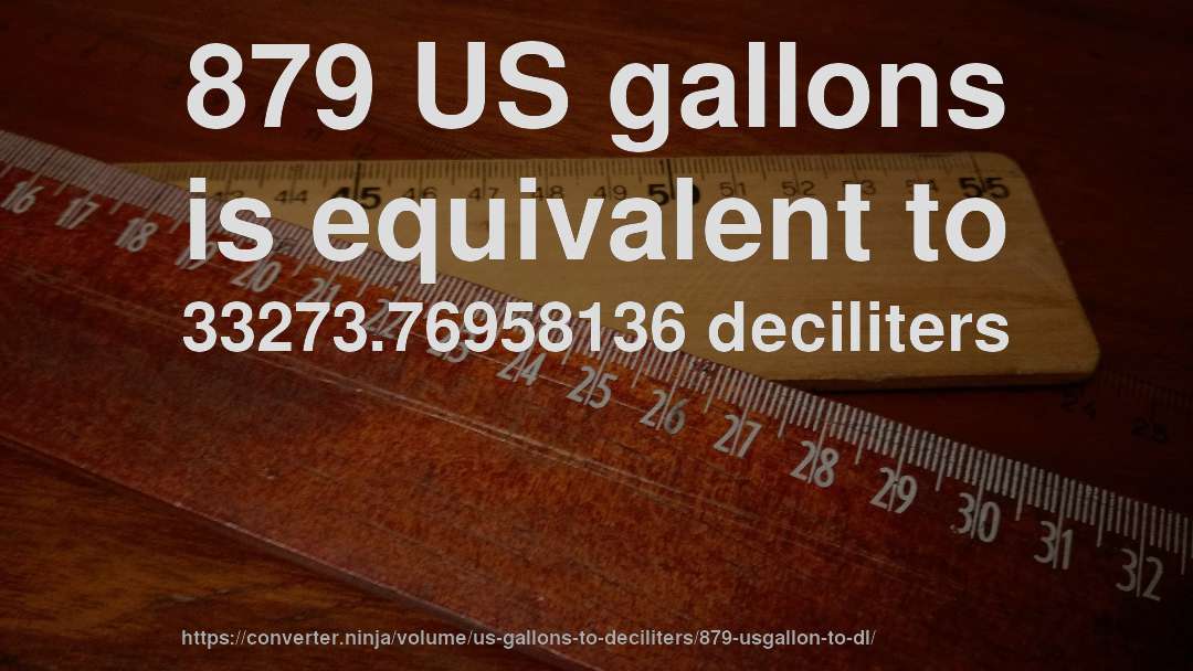 879 US gallons is equivalent to 33273.76958136 deciliters