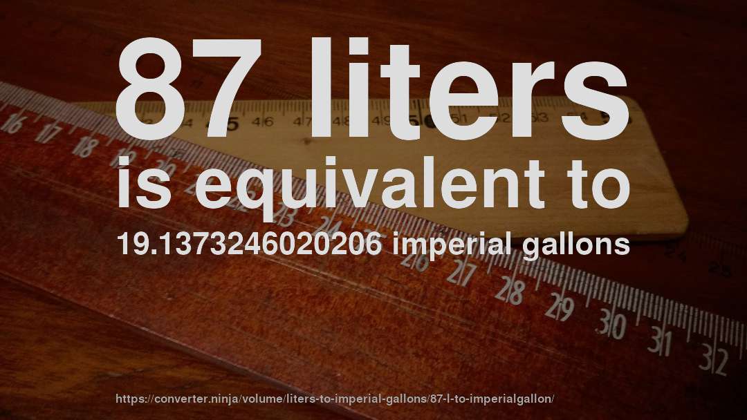 87 liters is equivalent to 19.1373246020206 imperial gallons