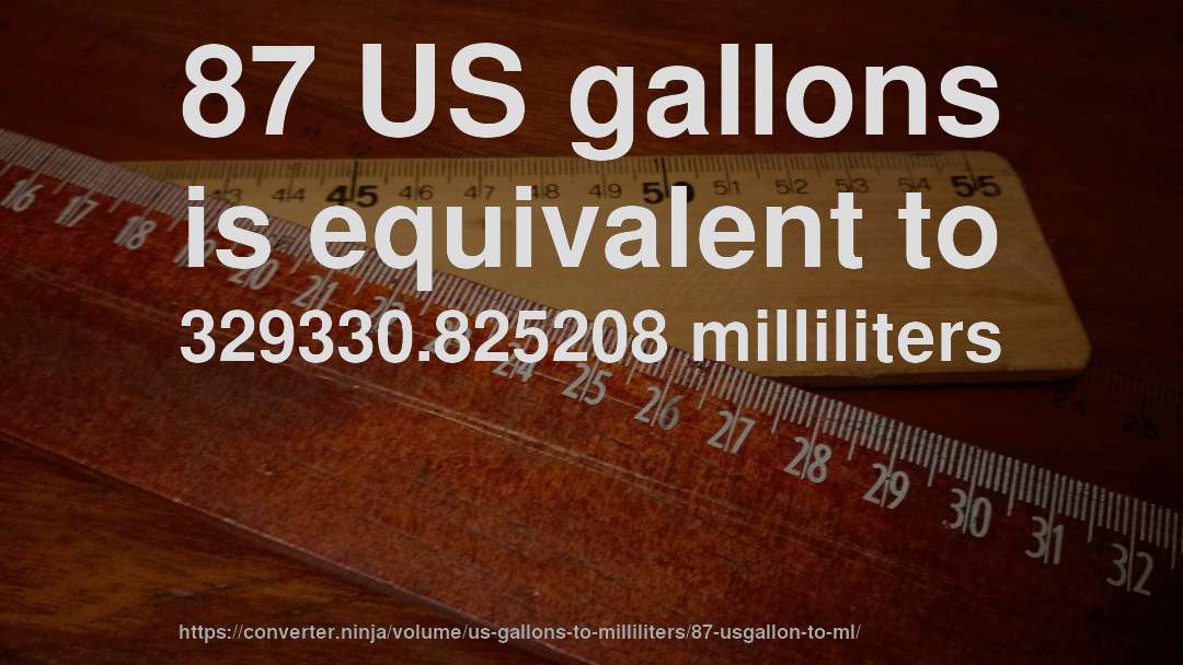 87 US gallons is equivalent to 329330.825208 milliliters