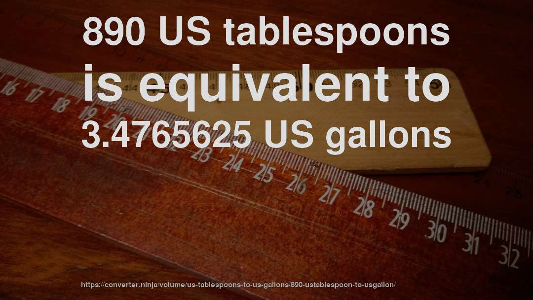 890 US tablespoons is equivalent to 3.4765625 US gallons
