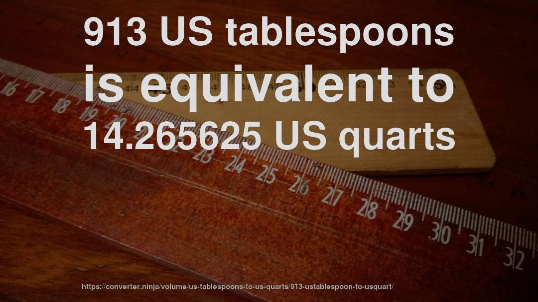 913 US tablespoons is equivalent to 14.265625 US quarts