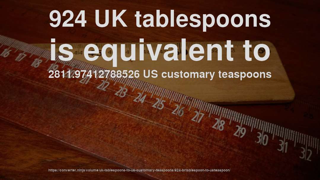 924 UK tablespoons is equivalent to 2811.97412788526 US customary teaspoons