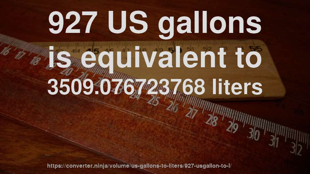 927 US gallons is equivalent to 3509.076723768 liters