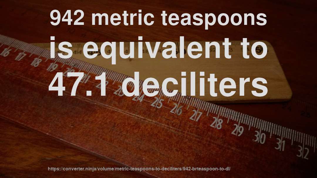 942 metric teaspoons is equivalent to 47.1 deciliters