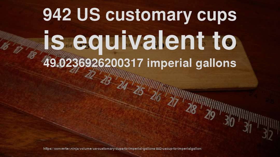 942 US customary cups is equivalent to 49.0236926200317 imperial gallons