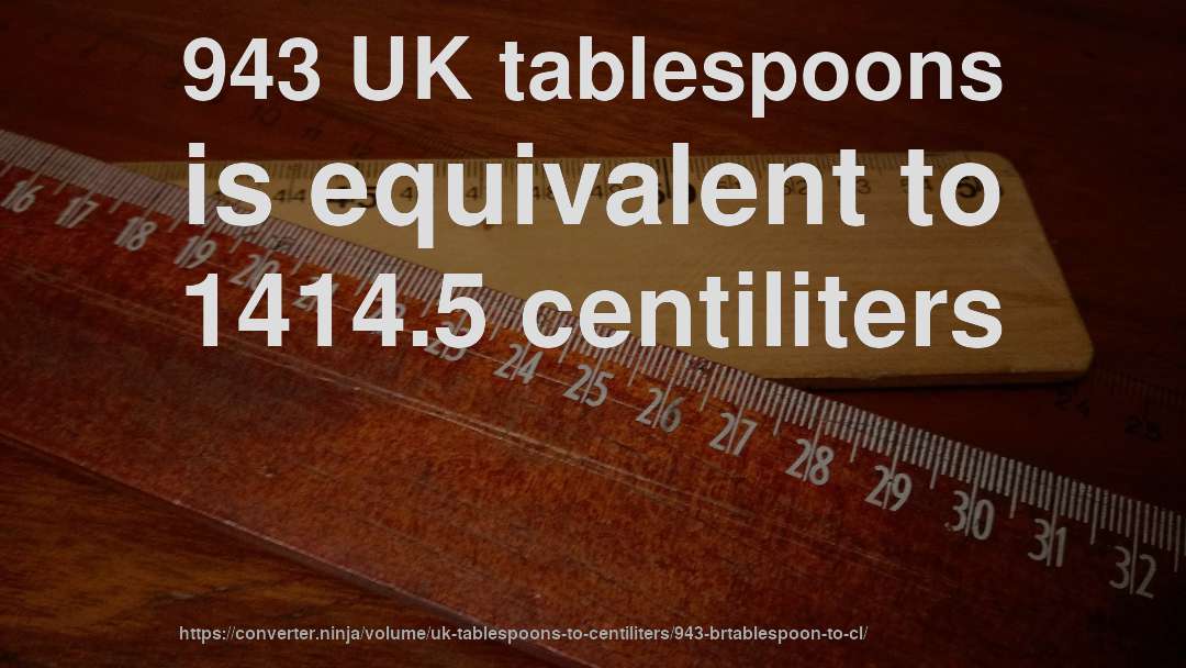 943 UK tablespoons is equivalent to 1414.5 centiliters