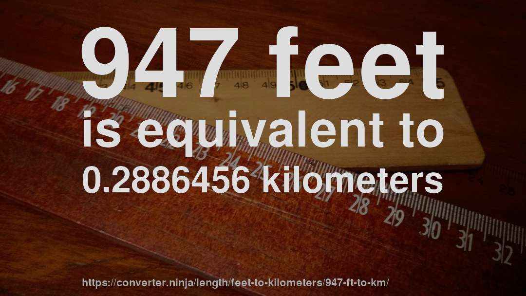 947 feet is equivalent to 0.2886456 kilometers