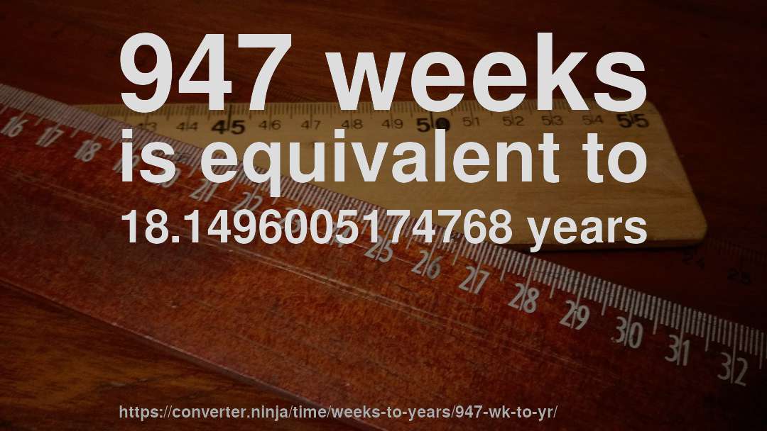 947 weeks is equivalent to 18.1496005174768 years