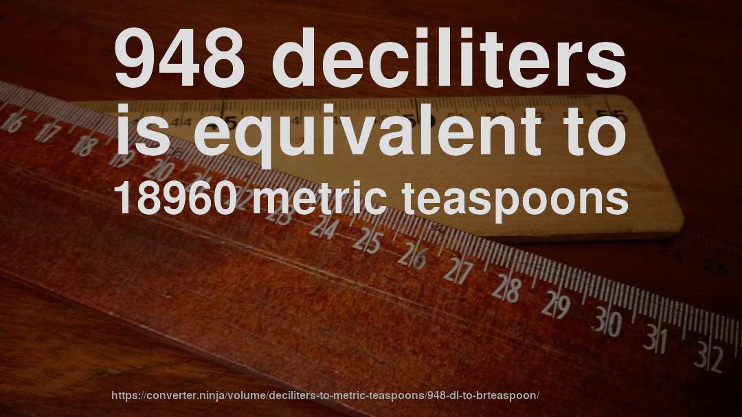 948 deciliters is equivalent to 18960 metric teaspoons