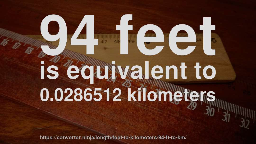 94 feet is equivalent to 0.0286512 kilometers