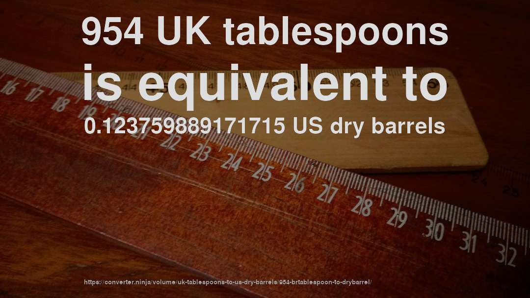 954 UK tablespoons is equivalent to 0.123759889171715 US dry barrels