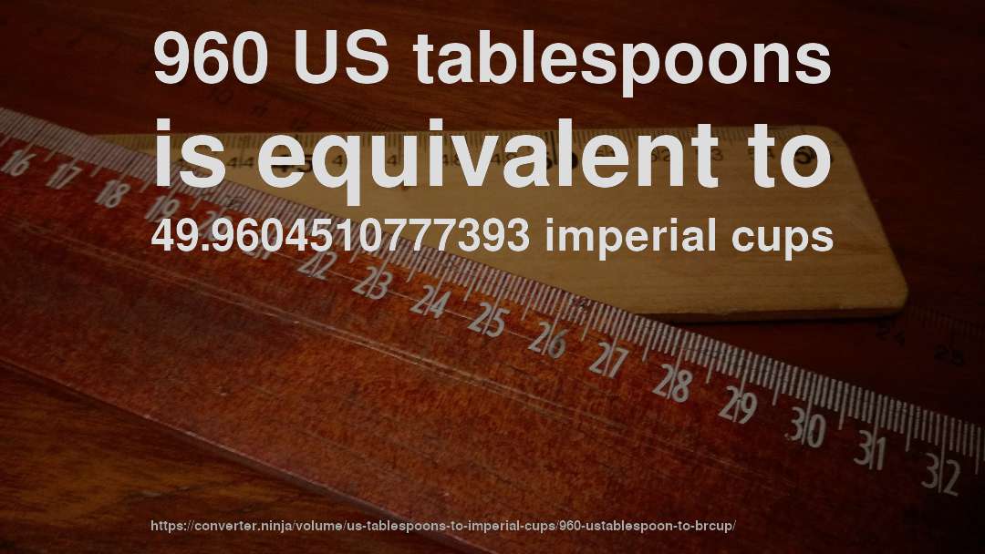 960 US tablespoons is equivalent to 49.9604510777393 imperial cups
