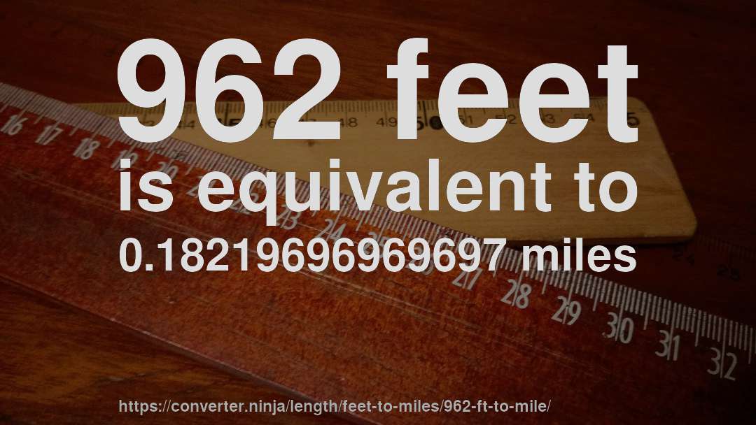 962 feet is equivalent to 0.18219696969697 miles