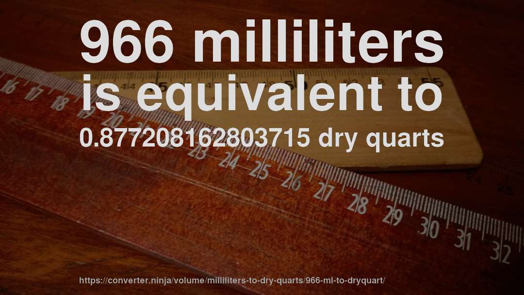 966 milliliters is equivalent to 0.877208162803715 dry quarts