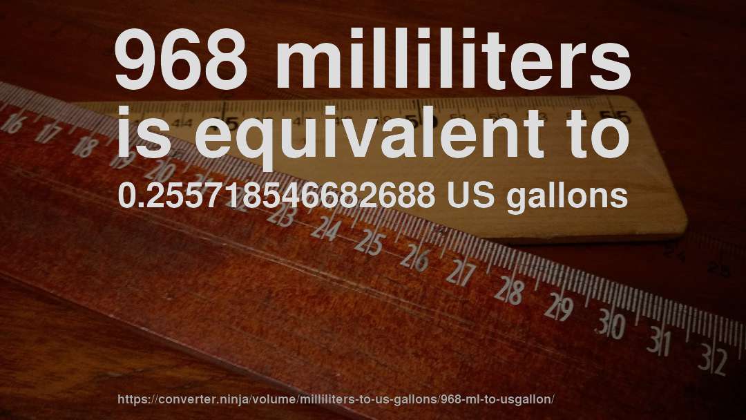 968 milliliters is equivalent to 0.255718546682688 US gallons