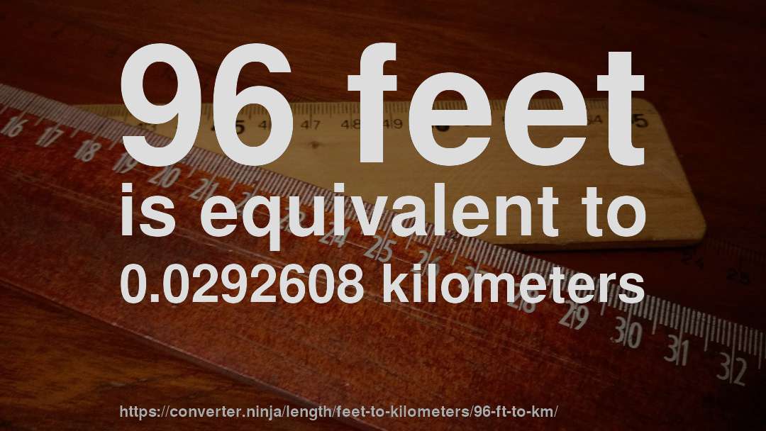 96 feet is equivalent to 0.0292608 kilometers