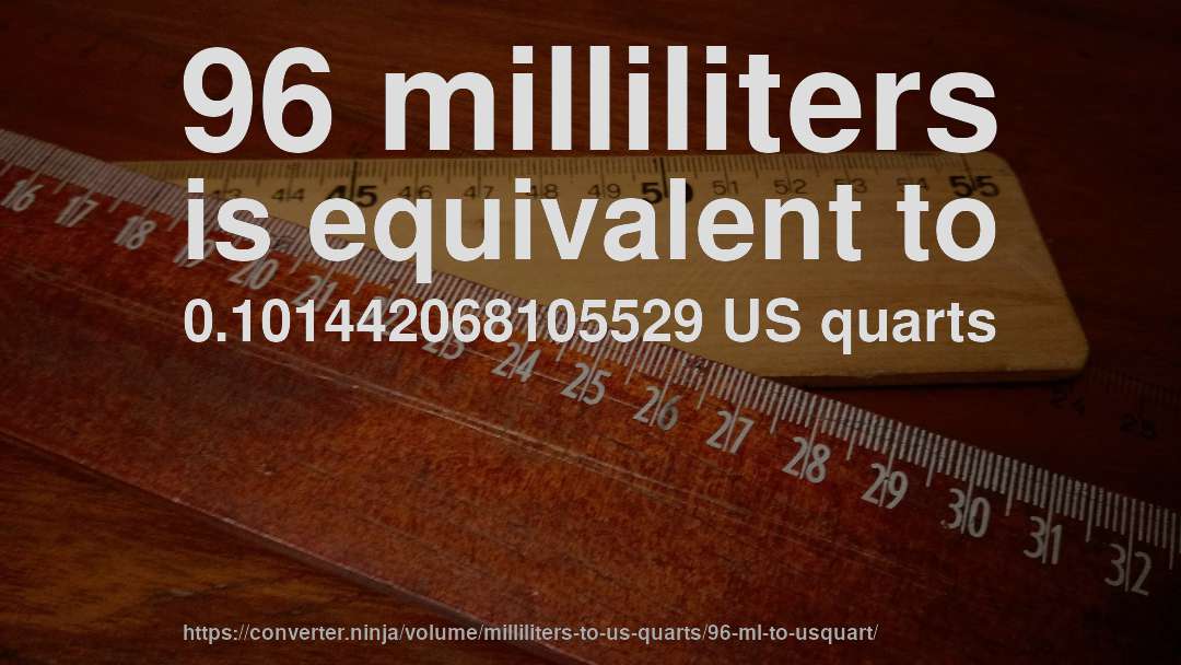 96 milliliters is equivalent to 0.101442068105529 US quarts