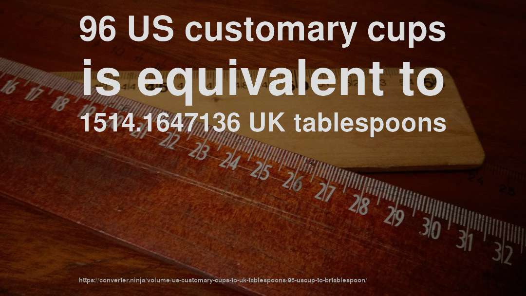 96 US customary cups is equivalent to 1514.1647136 UK tablespoons