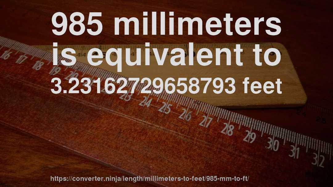 985 millimeters is equivalent to 3.23162729658793 feet