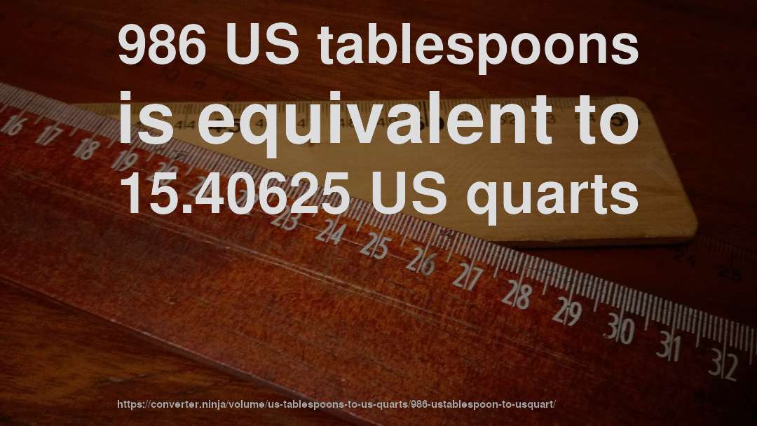 986 US tablespoons is equivalent to 15.40625 US quarts