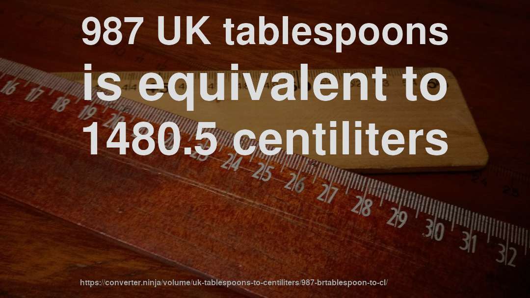 987 UK tablespoons is equivalent to 1480.5 centiliters